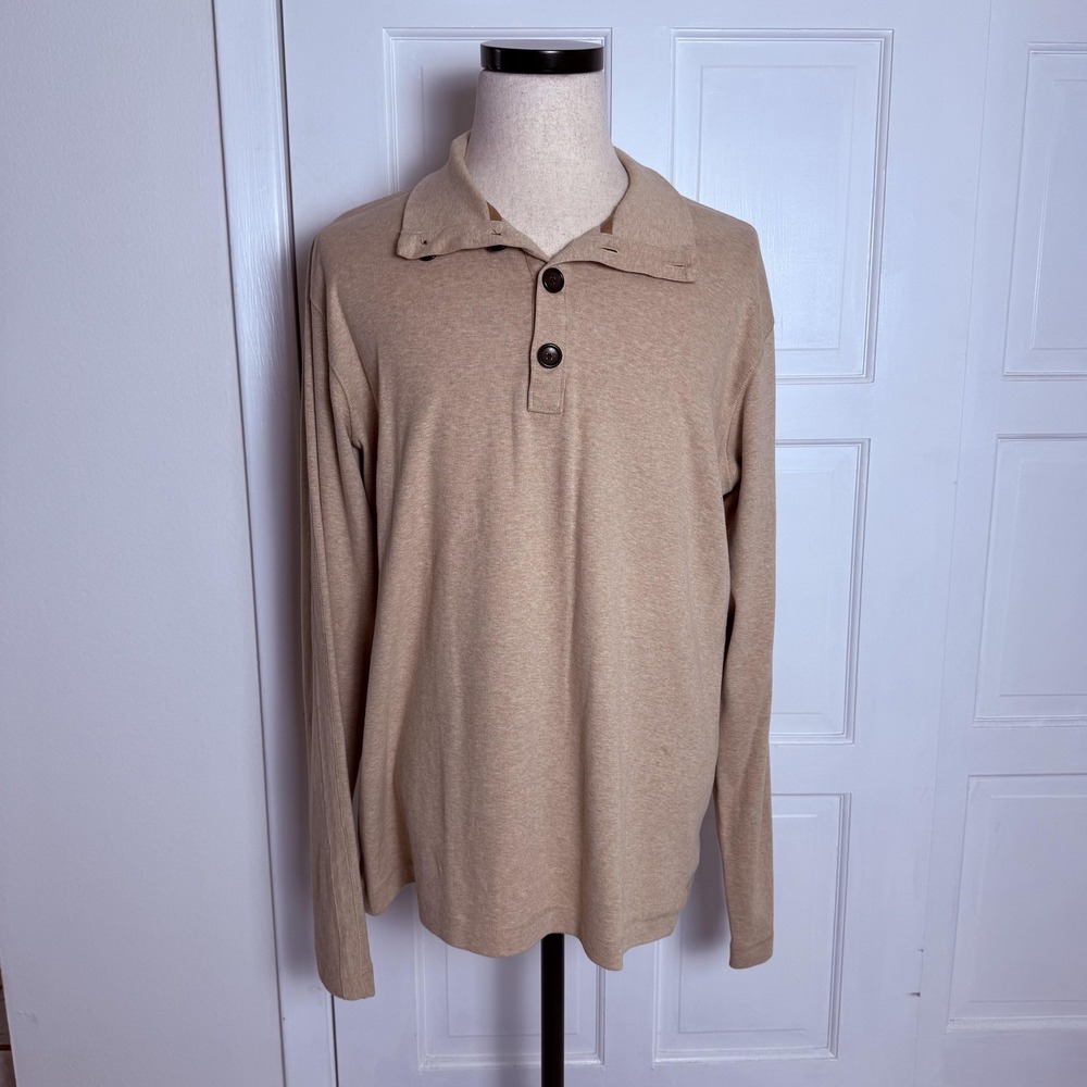 Banana Republic Sweater Mens XL Beige Button Mock Neck Henley‎ Pullover Cotton